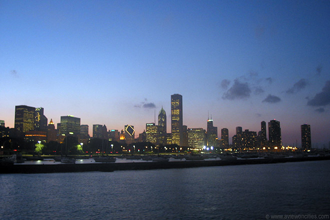Skyline at dusk seen from Shedd Aquarium