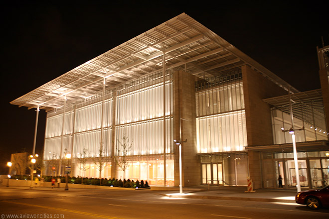 The Art Institute's new wing at night