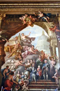 Painting of King George I and his family in the upper hall in the Painted Hall, Old Royal Naval College, Greenwich, London