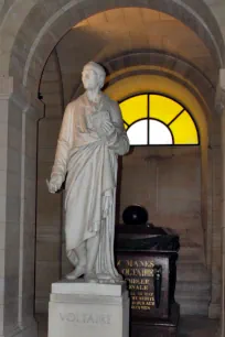 Voltaire statue in the crypt of the Pantheon in Paris
