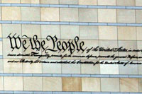 We the People inscription on the front facade of the National Constitution Center in Philadelphia