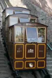 One of the wooden carriages of the Sikló in Budapest